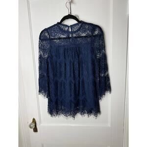 Blu Pepper Blue Lace Boho Flowy Victorian Bell Sleeve Tunic Blouse Women's Small